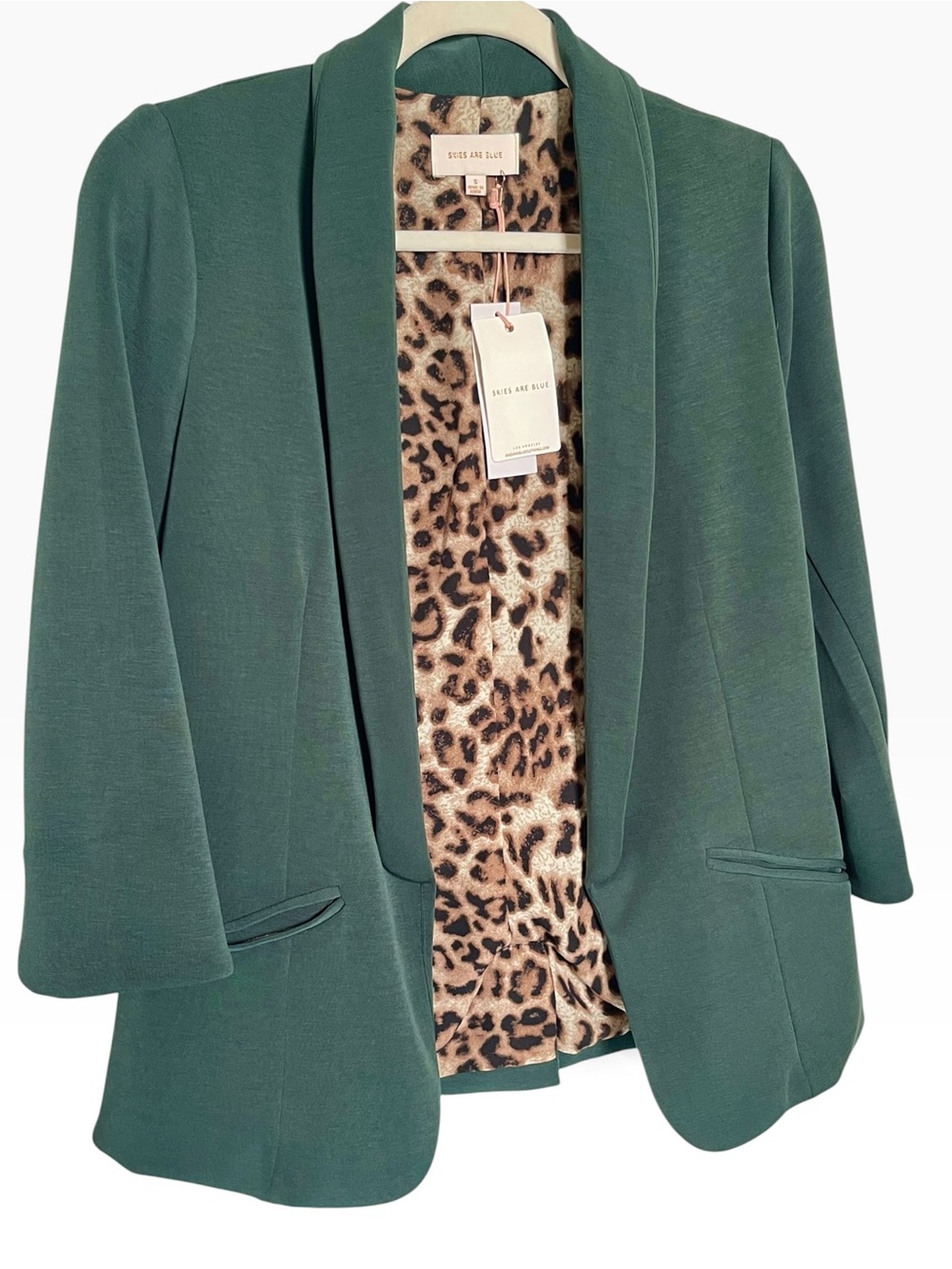 NWT Skies Are Blue Modal Open Front Blazer Jacket Emerald Green Leopard Lining S